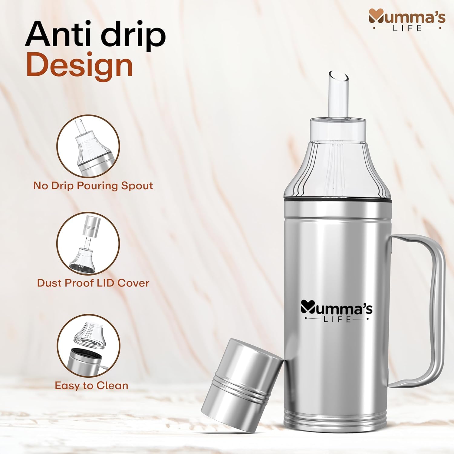Mumma's LIFE Stainless Steel Oil Dispenser Bottle with Lid and Cap | Air-Tight Spill-Proof | Food Grade Pourer Drizzler (Silver, Set of 1) (1000 ML) 3