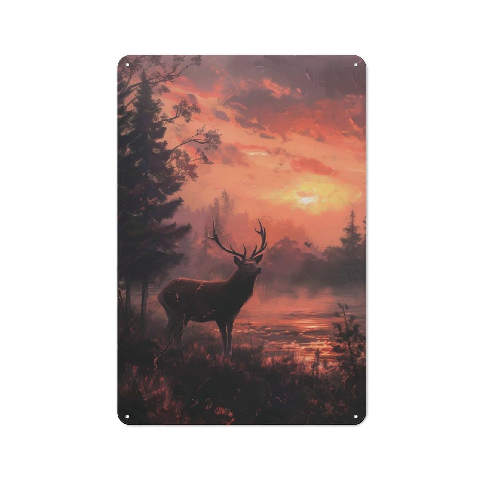 Junmoney Deer In Forest At Sunset Vintage Retro Metal Sign 30X20cm, Vintage Wall Decor For Kitchen, Hallway, Bar Or Small Cafe