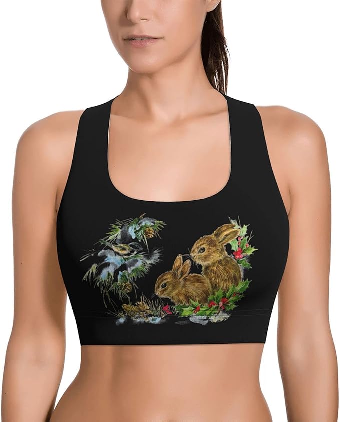 Woodland Winter Rabbits Sports Bras for Women High Impact Wirefree