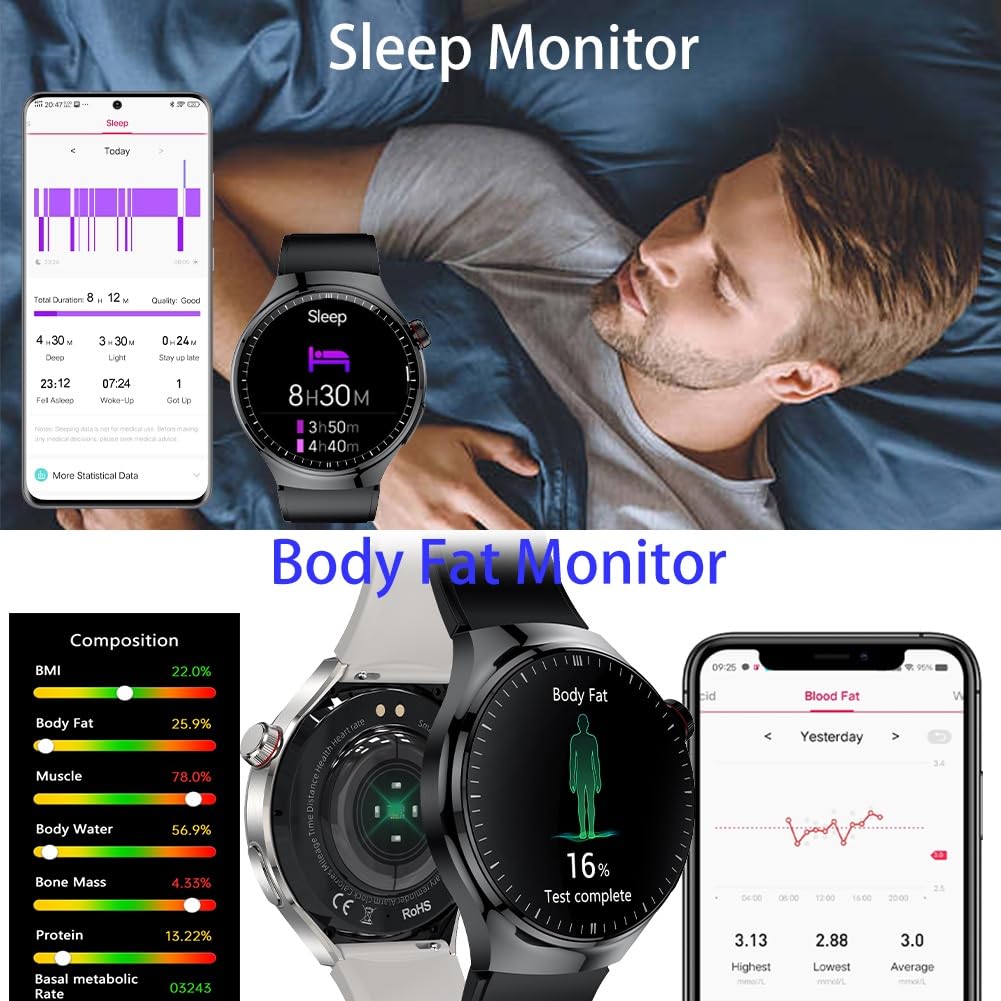 Montre Connectée ECG Homme, 1,43" AMOLED Montre Intelligente pour Composer Répondre aux Appels, Smartwatch avec SpO2 Fréquence Cardiaque, Message Notification pour Android iOS