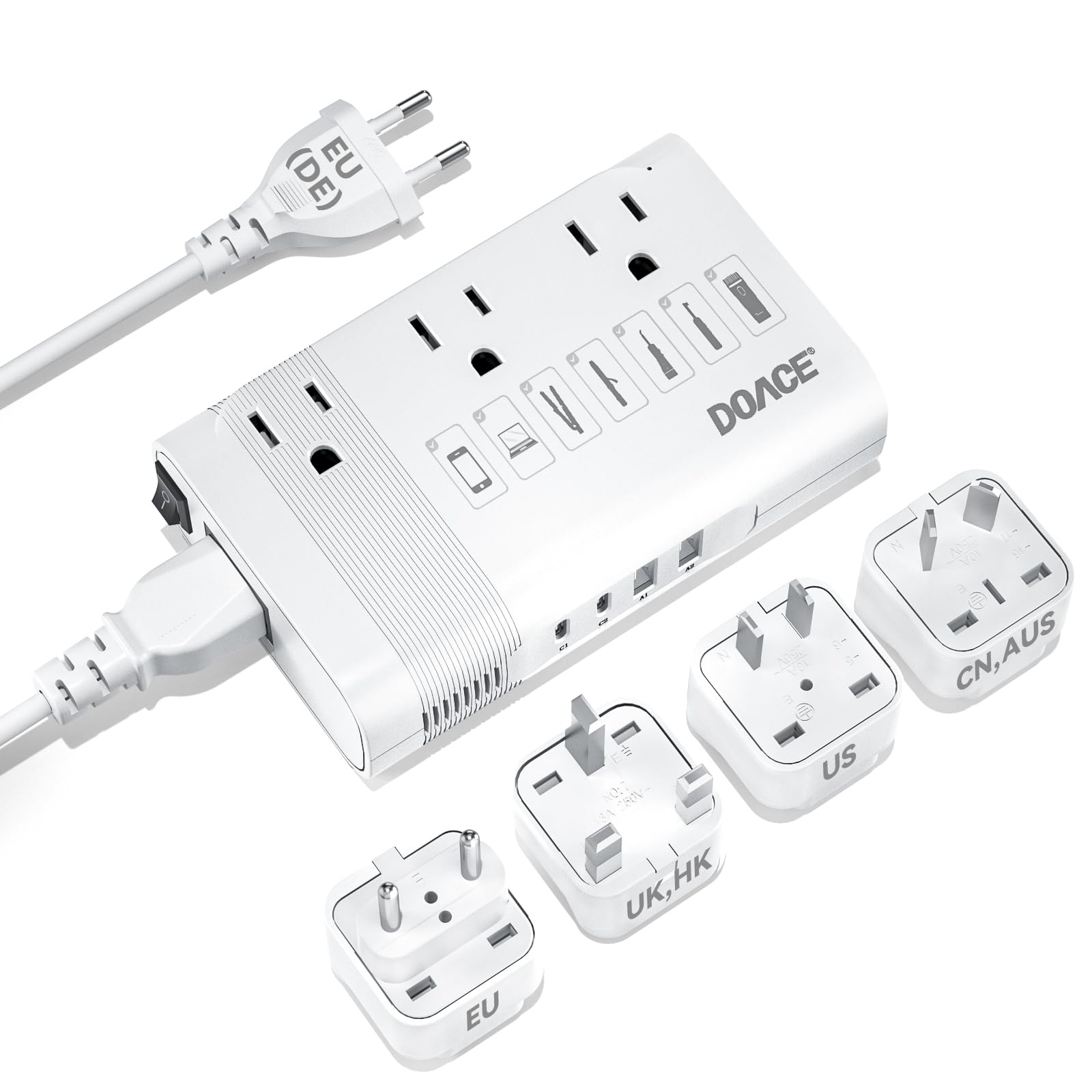 DOACE 220V to 110V Converter for European Travel - 350W 7 in 1 Voltage Converter US to Europe with 3AC, 2QC+2PD for Using U.S. Devices Abroad - Hair Straightener Shaver Toothbrush Laptop Camera Phone