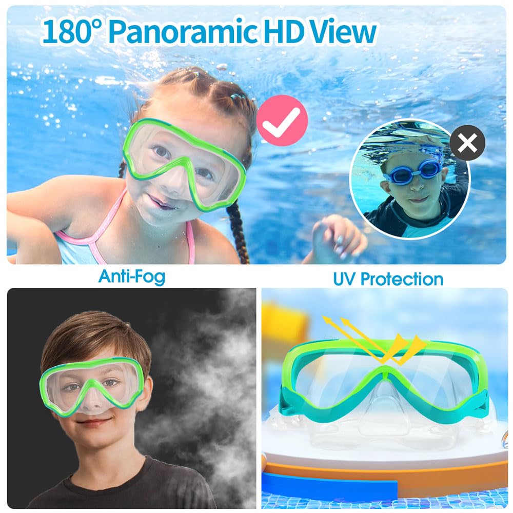 Maschera subacquea per bambini, anti-appannamento e anti-perdite, occhialini da nuoto e snorkeling, in vetro temperato resistente, per bambini dai 4 ai 14 anni