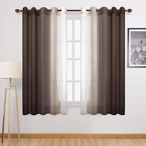 DWCN Ombre Faux Linen Sheer Curtains - Extra Wide Gradient Semi Voile Grommet Top Bedroom and Living Room Curtains, 60 x 63 Inches Long, Set of 2 Window Curtain Panels, Chocolate Brown
