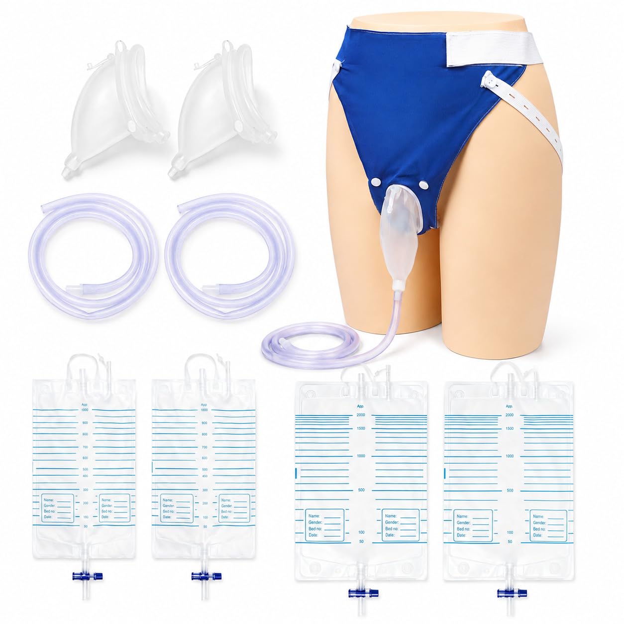 2Pack Reusable Wearable Urine Collection Kit for Men with 1000ml & 2000ml Collection Bags, Soft Silicone External Catheter, Portable Urinal System with Breathable Support Shorts
