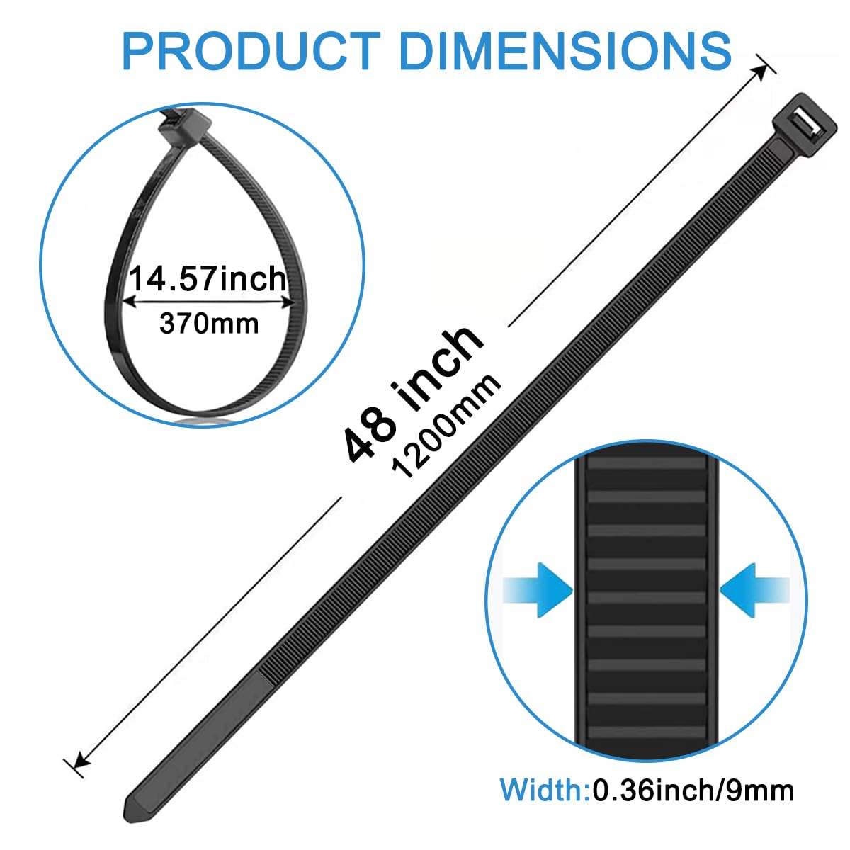 Fascette per cavi resistenti, 0,9 x 122 cm, 5 fascette extra large con resistenza 79,4 kg, resistenti ai raggi UV, multiuso, autobloccanti, per uso esterno (nero)