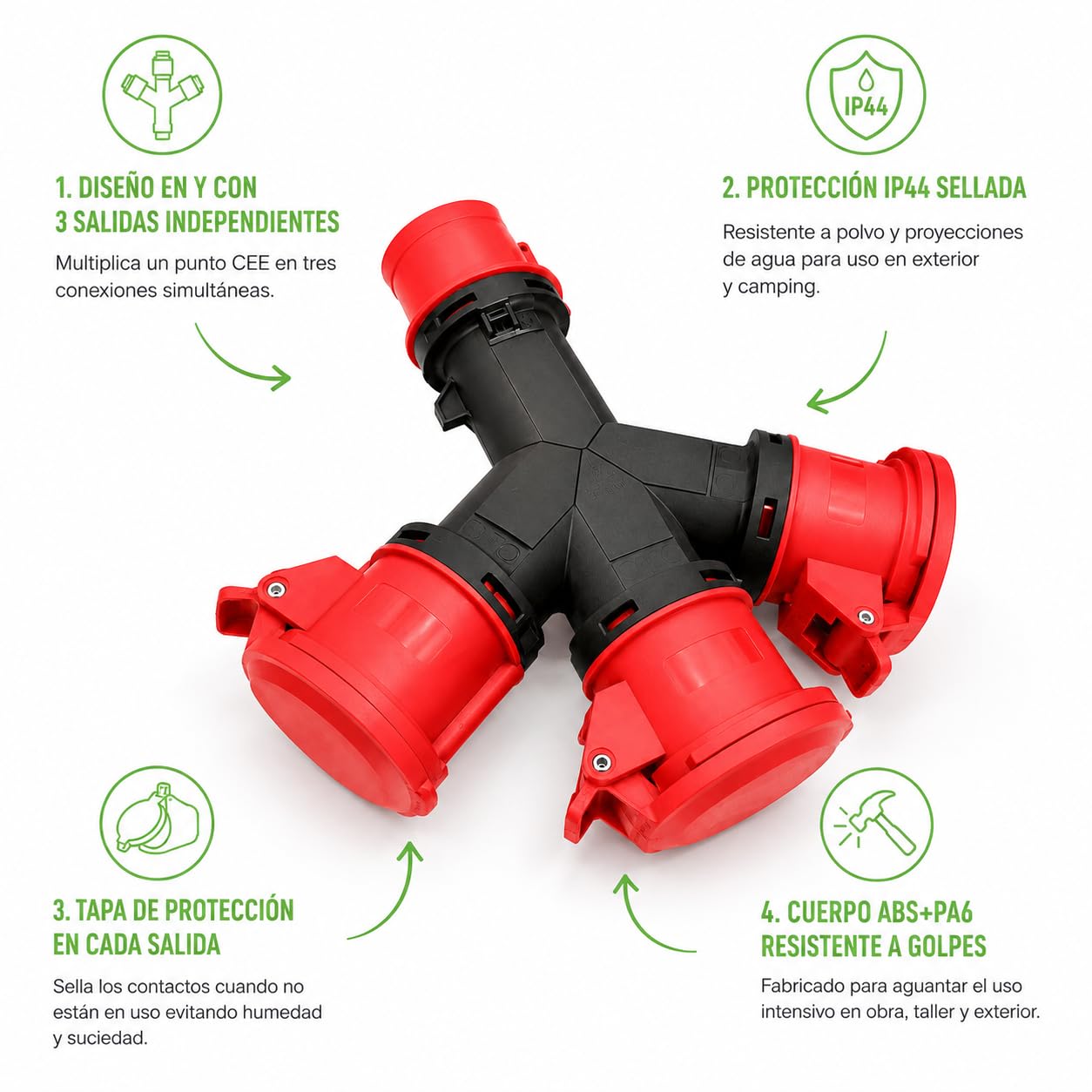 Adaptador Cetac Caravana y Camping - Enchufe Industrial 3 Tomas 3P+N+T 32A IP54 380V SpeedPRO