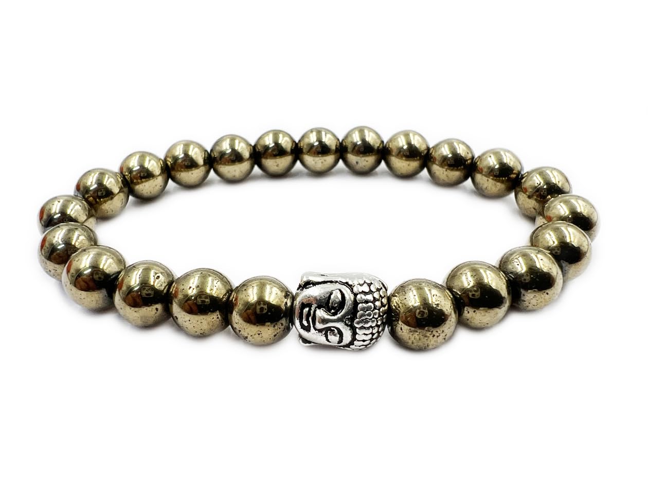 REBUYGolden Pyrite Healing Chakra Bracelet With Buddha Charm For Men & Women | Natural Pure Lab Certified Anxiety Crystal Gemstone Jewelry For Stress Relief Reiki Balancing energy | Bead Size 8 mm