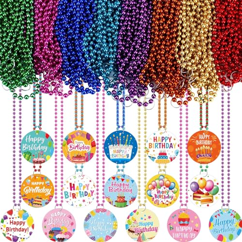 Poen 48 Pcs Happy Birthday Beaded Necklaces Bulk Metallic Neon Beads Colorful Pendant Medallion Necklaces Adult Birthday Party Favors, 16 Styles