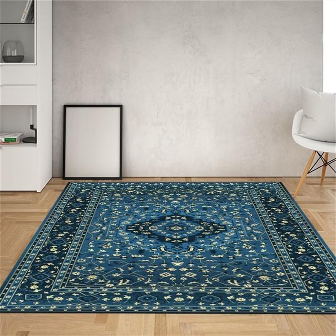Tapis décoratif de salon doux lavable bleu 120x160cm style floral