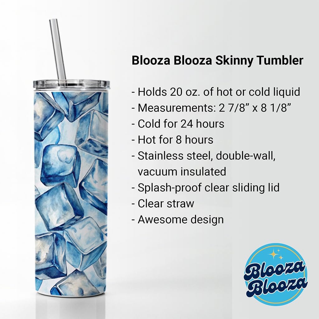 Crushed Ice Cubes Watercolor Skinny Tumbler 20oz with Straw Insulated Water Bottle Gift