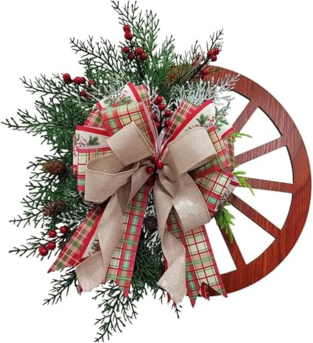 URMAGIC Corona de rueda de carro de Navidad para puerta delantera corona de madera roja de 16 pulgadas con cono de pino baya lazo y agujas de pino