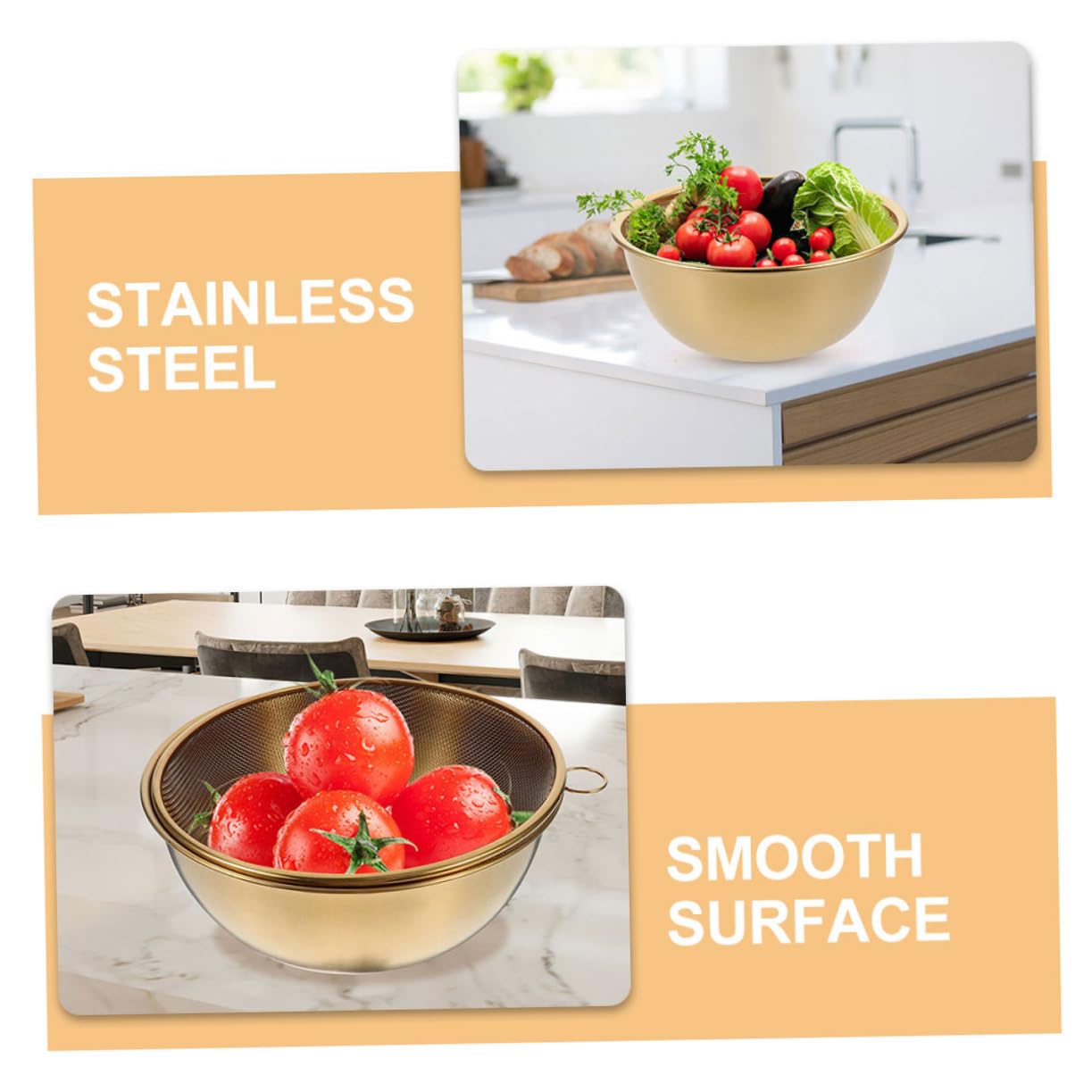 Colador de Malla Fina y Cesta de Drenaje 24 Cm de Acero Inoxidable Dorado para Lavar Arroz y Frutas, Práctico para Cocina y Lavado de Verduras, Juego de 2 Piezas