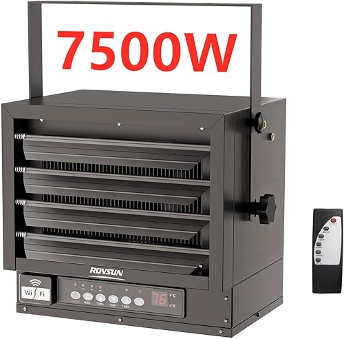 ROVSUN Calentador eléctrico de garaje de 7,500 W con control remoto y temporizador de 12 horas, calentador digital de montaje en techo forzado con