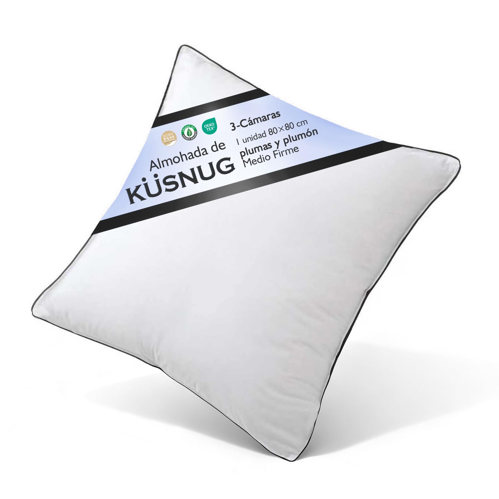 Almohada Plumón Ganso-Relleno de Plumón y Plumas 80x80m (1 uds) | Tejido 100% Algodon Organico | Almohadas de Hotel | Lujo Ergonómica de 3 Cámaras | Cojin para Dormir