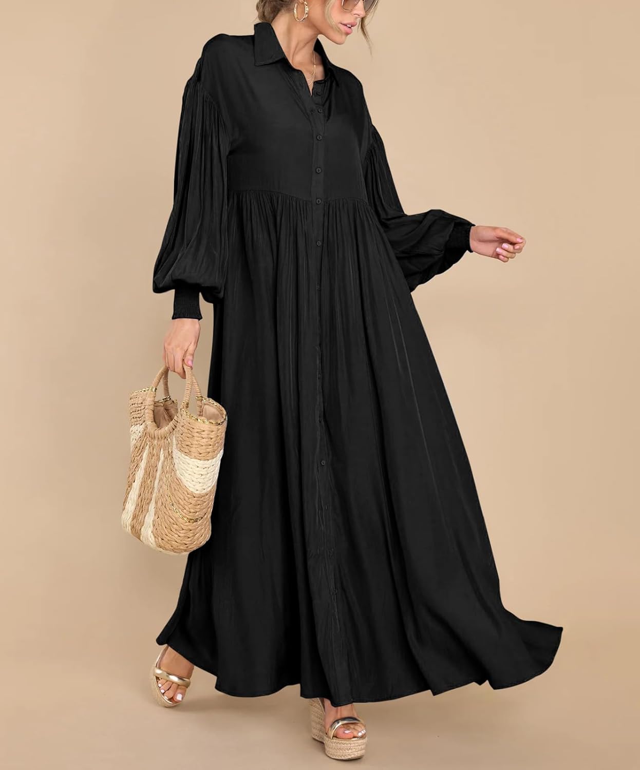 chouyatou Women's Casual Long Sleeve Button Down Shirt Dress Elegant Pleated Flowy Swing Maxi Dress - Image 4