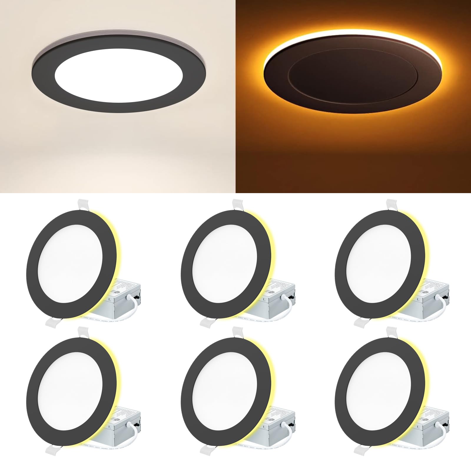 EOSMILE 6 Pack Black Recessed Lighting with 4 Inch Night Light Canless Ultra Thin Wafer Downlight Pot Indoor