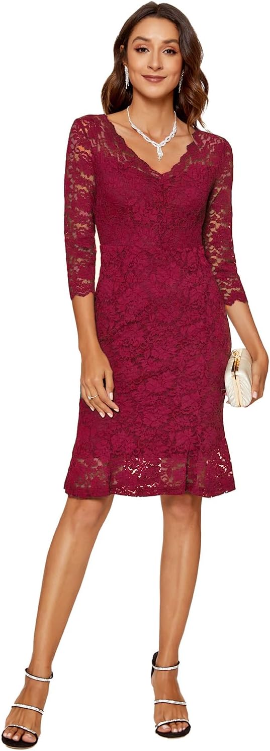 Atnlewhi Womens 3/4 Sleeve Slim Fit Lace Cocktail Dresses Party Wedding Guest V Neck Formal Evening Bodycon Dress