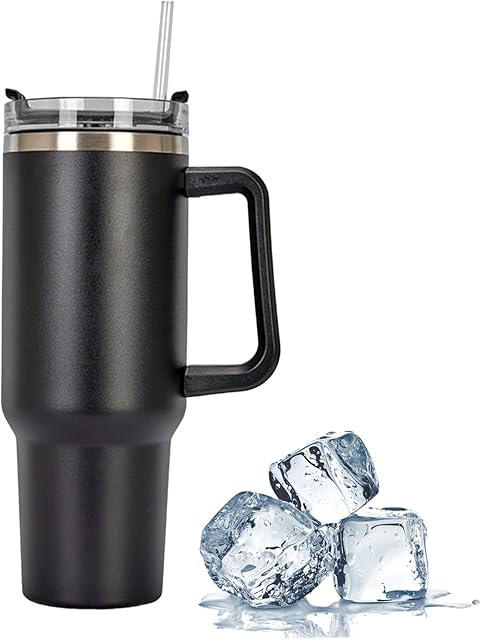 Somerway Kubek podróżny o dużej pojemności 1182 ml, z uchwytem i słomką, ze stali nierdzewnej, z pokrywką, w podróż, szczelny, na gorącą i zimną kawę, butelka na wodę, czarny