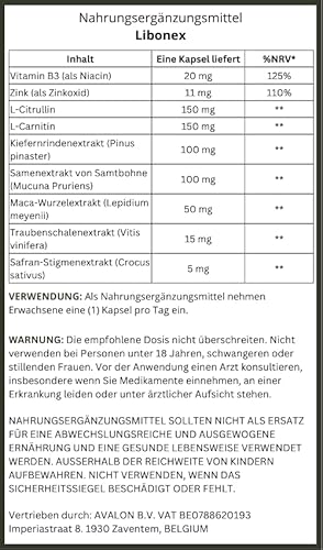 LIB0NEX perform Nahrungsergänzungsmittel mit L-Citrullin, Maca, 30 Kapseln