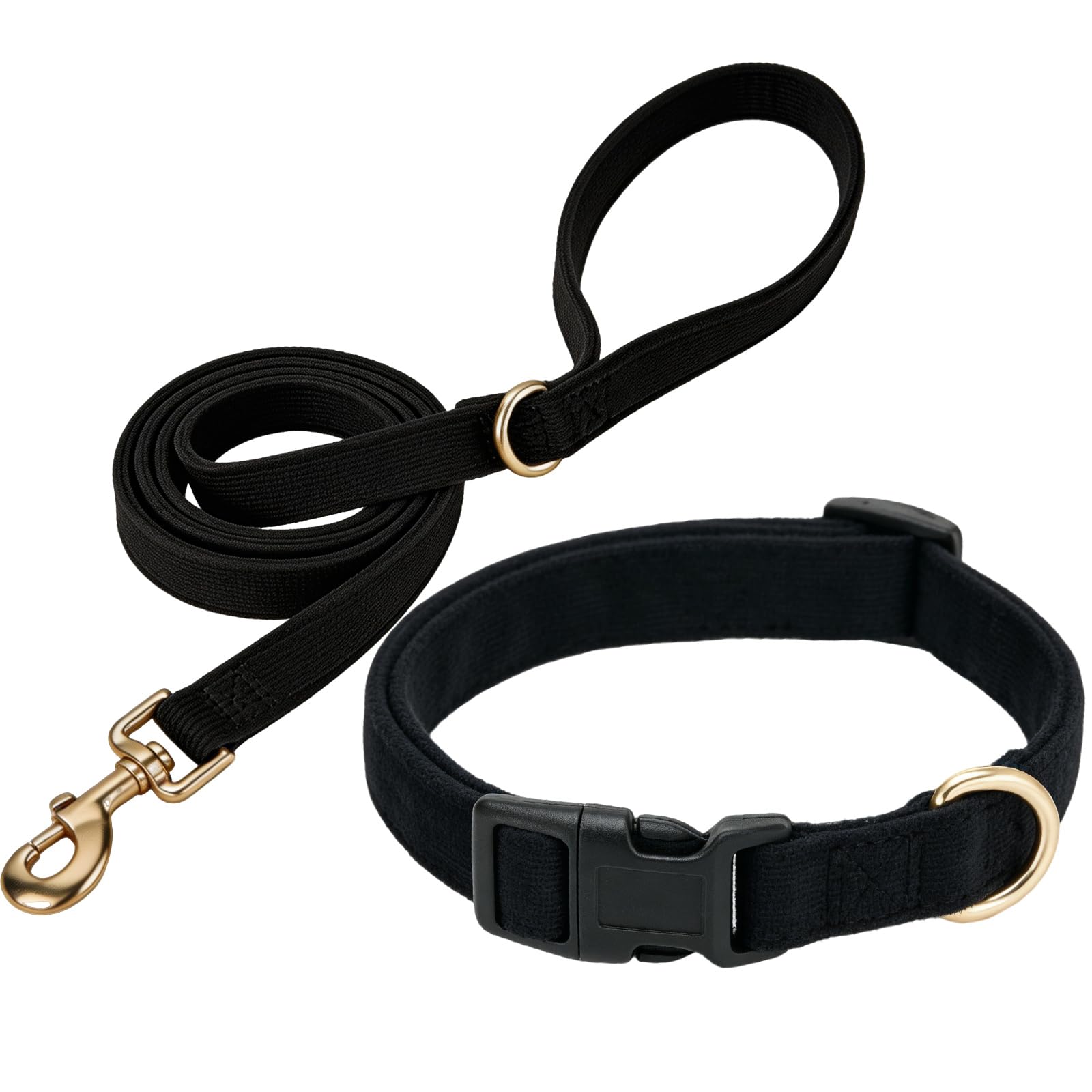 Petiry Black Corduroy Dog Collar and Leash Set - Classic, Sleek & Matching for Small Dogs, Adjustable with Secure Buckle,Black,S