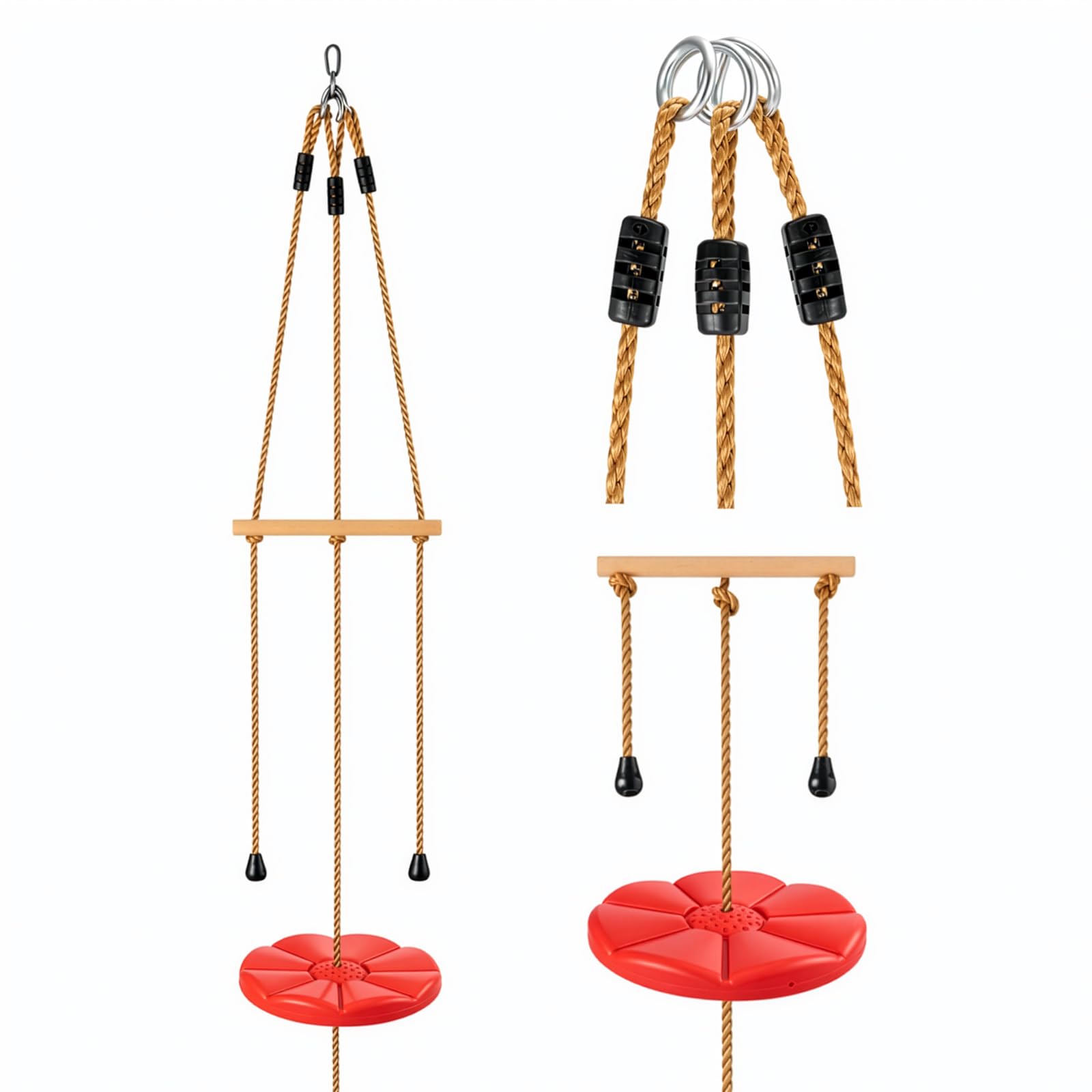 Sunnynest Kids Climbing Rope Tree Swing with Disc Seat & Wooden Handle Bar, Outdoor Rope Swing Set with Carabiner & Tree Strap, Backyard Playground Tree Swing for Kids Indoor Outdoor (Red)