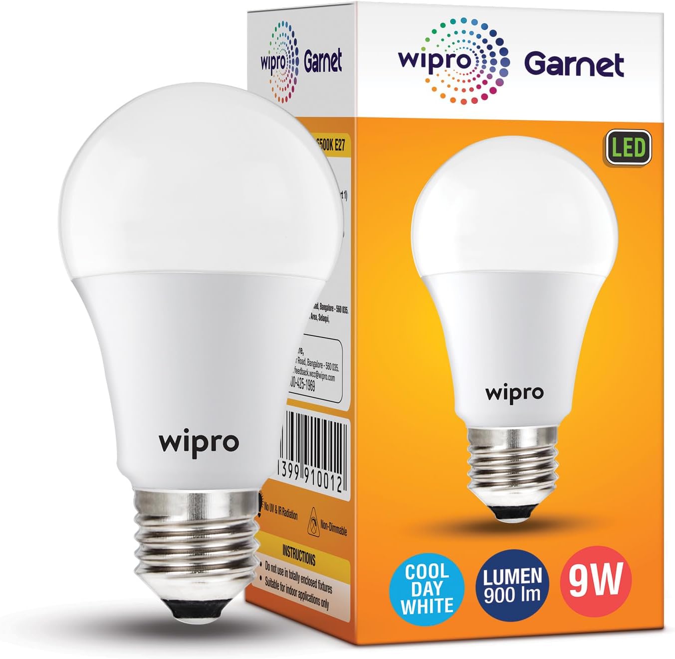 Wipro Garnet 9W LED Bulb for Home & Office |Cool Day White (6500K) | E27 Base|220 degree Light coverage |4Kv Surge Protection |400V High Voltage Protection |Energy Efficient | Pack of 1