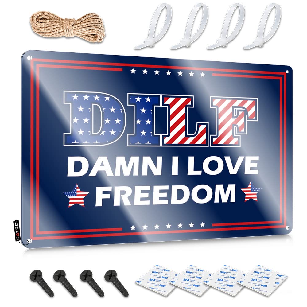 Decaor Humorous Tin Metal Sign - Damn I Love Freedom Dilf Rustic Wall Art Birthday Gift Easy Hang For Street(20X30CM)