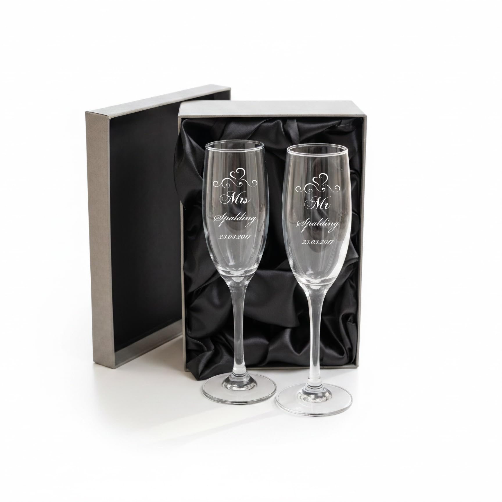 ukgiftstoreonline Personalised Engraved Crystal Champagne Flutes Wedding Toasting Set in Silk Lined Box
