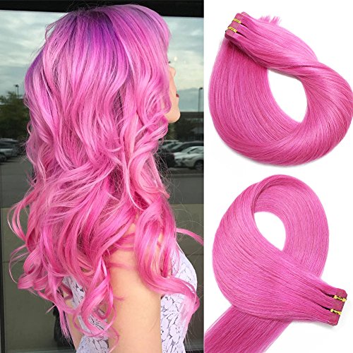 Tape In Remy Human Hair Extensions 20pcs 40g Per Set #Pink Remy Hair Extensions Seamless Skin Weft Remy Silk Straight Hair Glue in Extensions Glue in Extensions Human Hair 18 Inch