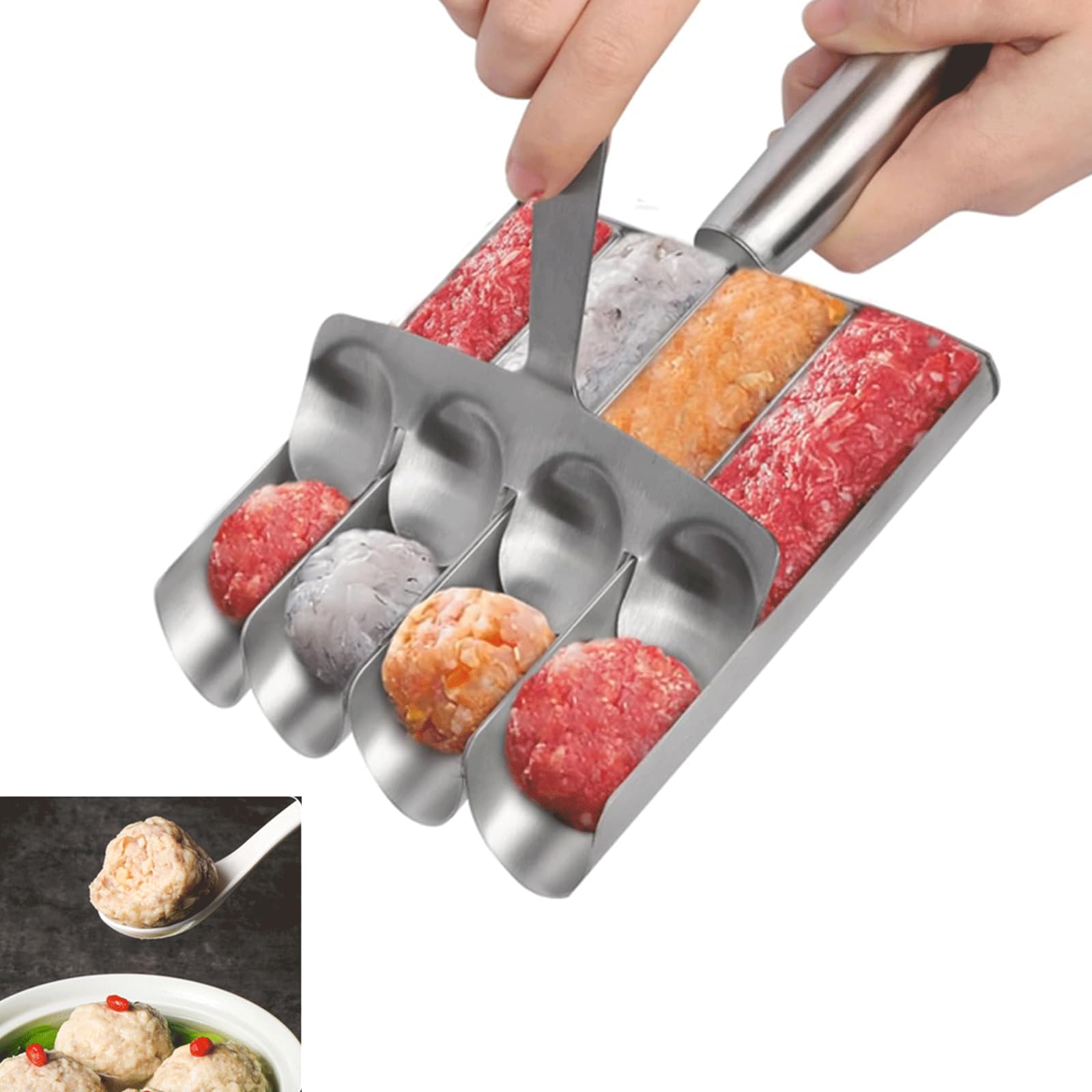 BDHI 1pc Stainless Steel 4-Tube Meatball Maker Tool Kitchen Meatball Making Mold Set with Cutting Spoon for Quickly Shaping Cookies Fish Balls and Shrimp Balls Utensil(Y323-1）
