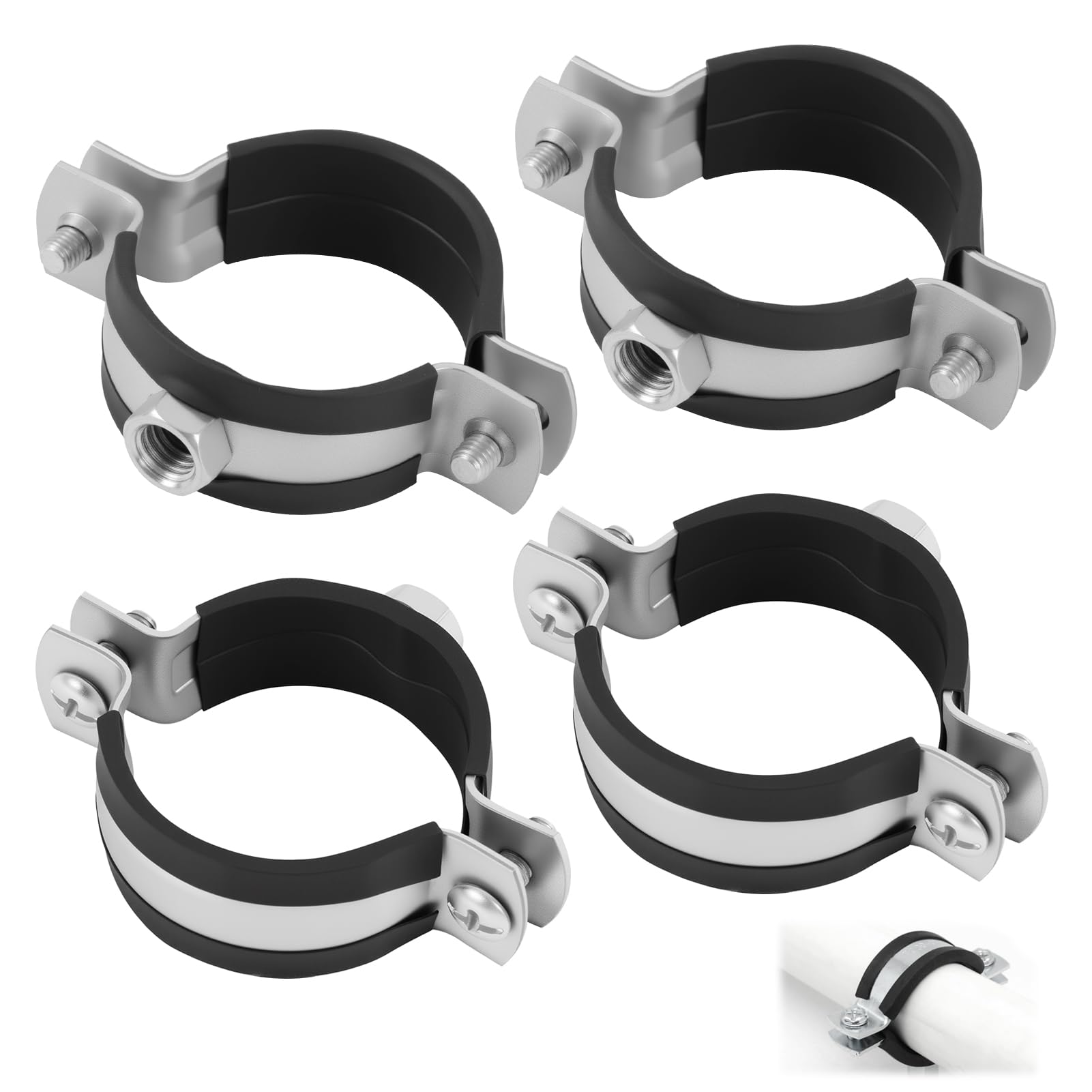 Clip de tubería, con inserciones de goma, con un diámetro ajustable de 40 - 43 mm / 1 1 / 4 ", muy adecuado para proyectos de instalación y decoración de tuberías, con 4 soportes metálicos disponibles