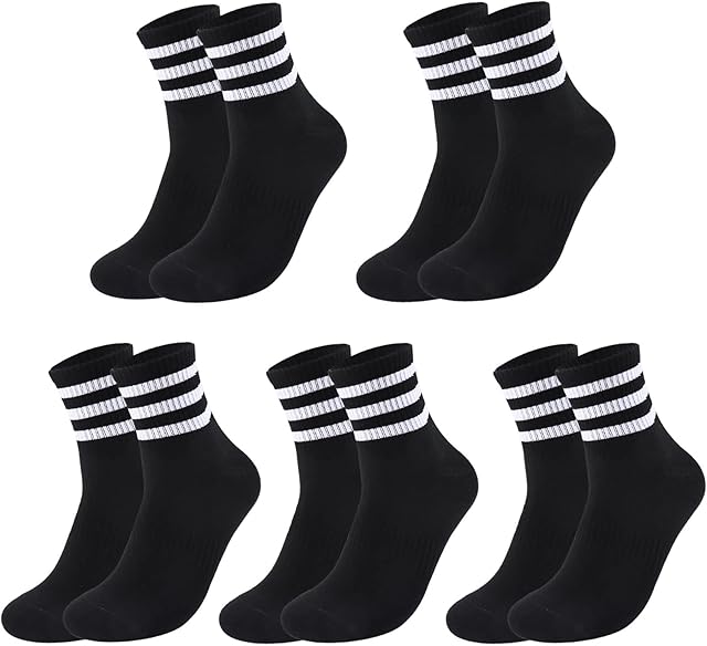 Geebuzz Unisex 5 Pairs Crew Socks Cotton Breathable Athletic Sports Gym School Casual Quarter Ankle Socks