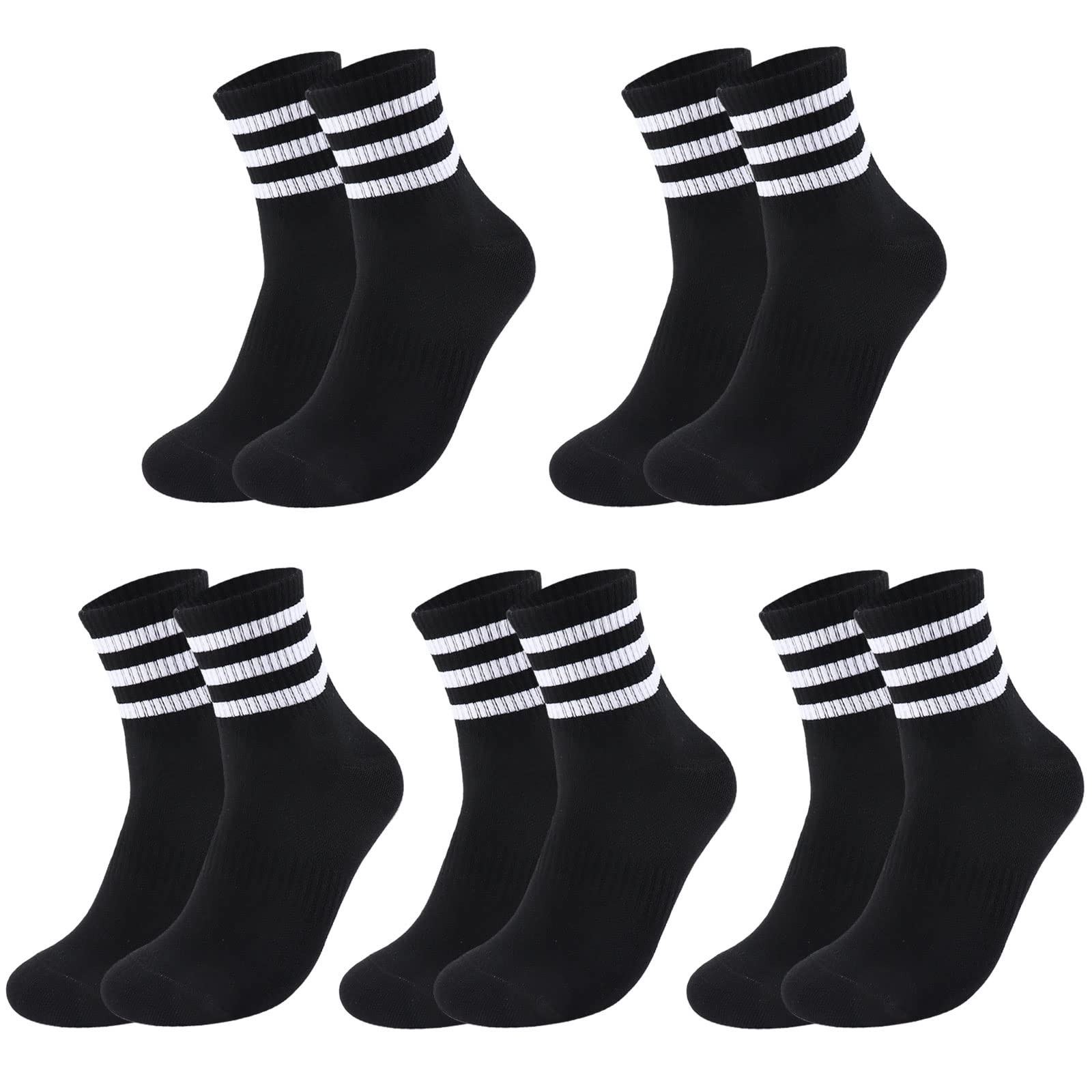 Ultrafun 5 Pairs Unisex Stripe Crew Socks Breathable Athletic Sports Gym School Casual Quarter Ankle Socks for Men Women - 2 Stripe ( Black White）