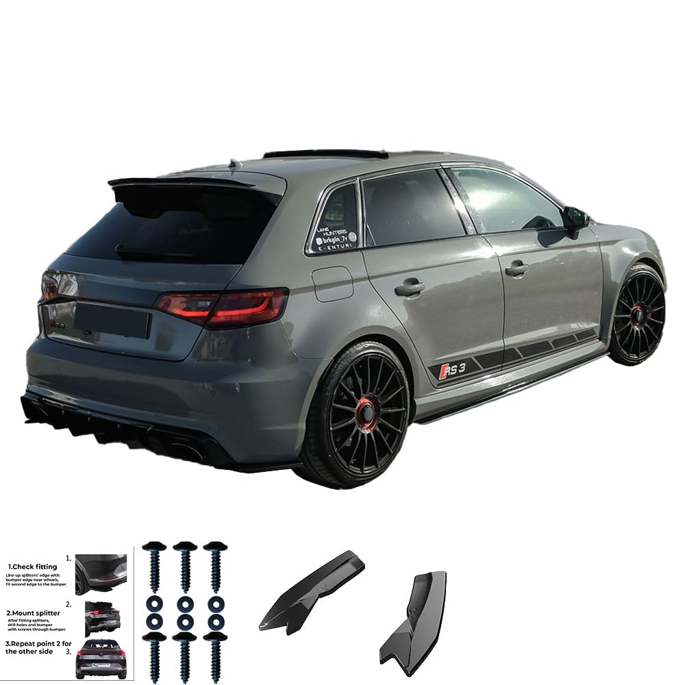 Oneway Jupes de pare-chocs arrière (coins) compatible avec Audi RS3 8V Sportback 2015-2016 - Noir brillant