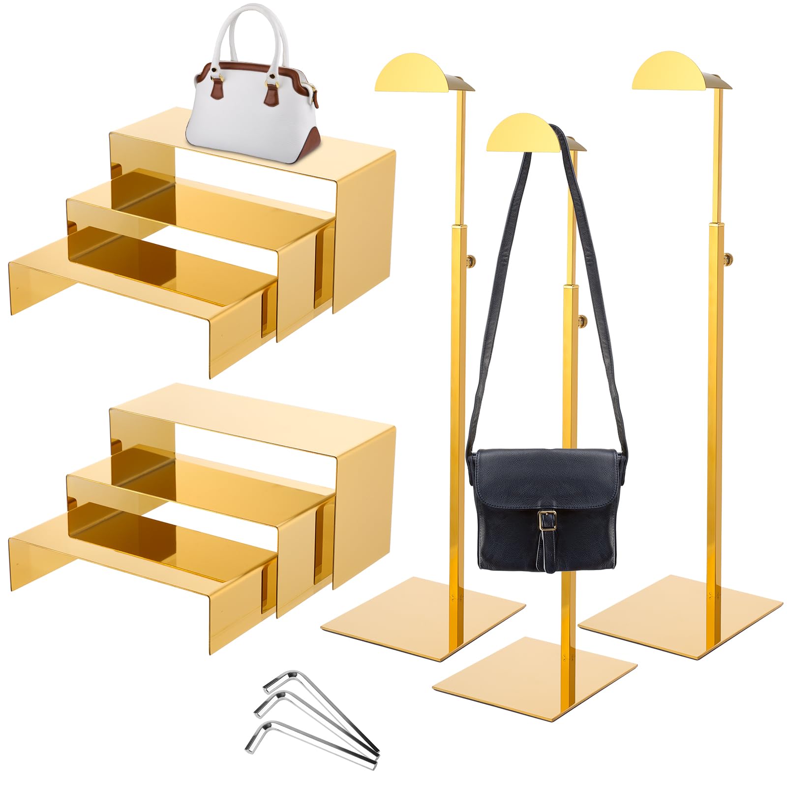 Bucherry 3 Pcs Purse Holder Stand and 2 Set Stainless Steel Display Riser Metal Handbag Rack with Adjustable Height Riser Wreath Display Stand for Home Boutique Shopping Center Retail Outlet(Gold)