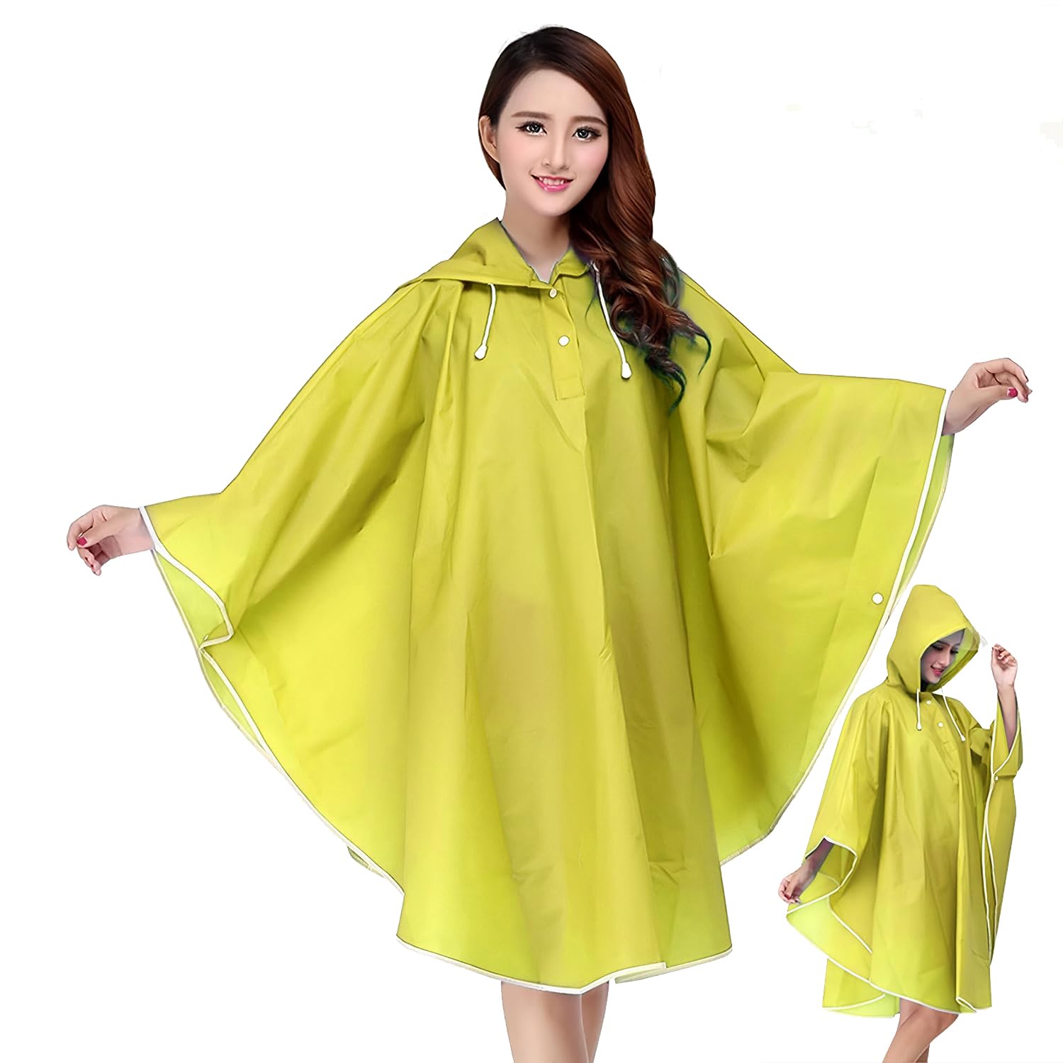 HACER EVA Raincoat Poncho 160 GSM with Adjustable Hood Full Sleeves Knee Length Universal Size Waterproof Outdoor Rainwear for Women Camping Trekking Hiking (Pack of 1, Yellow)