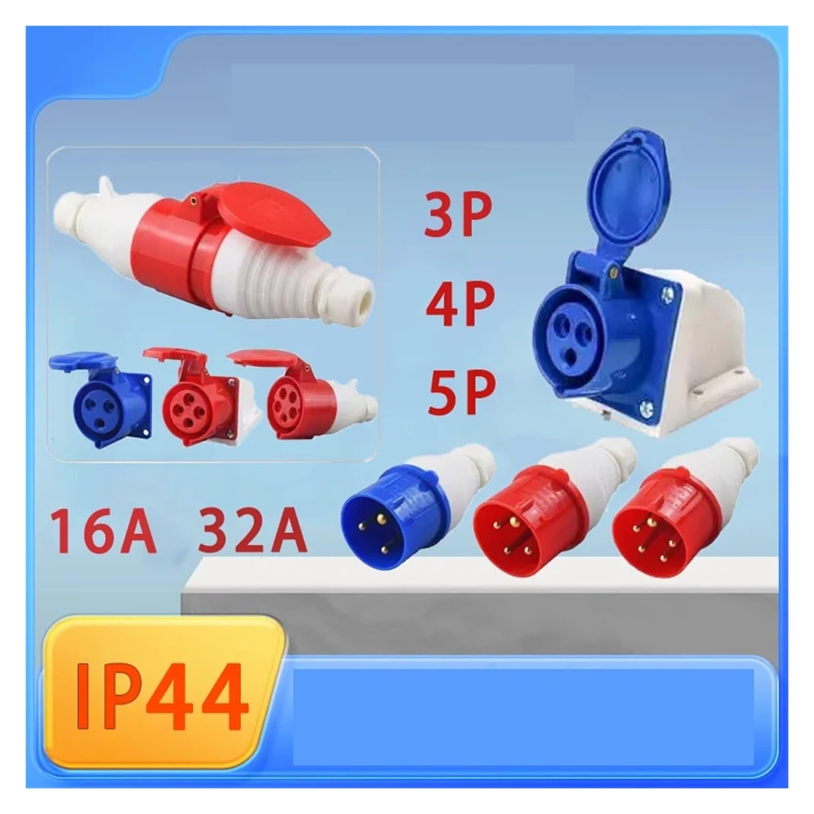 Enchufe industrial IP44 resistente al agua, conector de 3 pines, 4 pines, 5 pines, 16 A/32 A, conexión eléctrica, montaje en pared (enchufe montado en panel, 16A-4P)