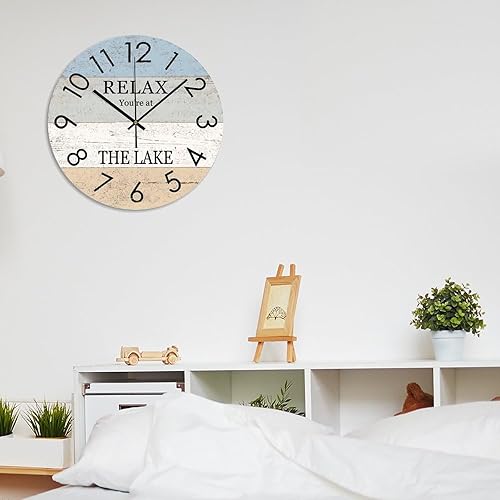Miniatura 7 de Reloj de pared redondo de madera Relax You're at The Lake funciona con pilas, reloj silencioso sin tictac de 12 x 12 pulgadas para decoración del