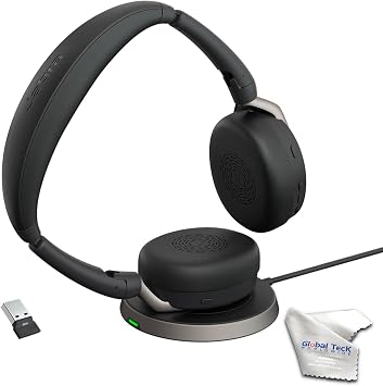 Jabra Evolve2 65 Flex MS Stereo Bluetooth Noise Cancelling Headset Link380a Wireless Charger Compatible with Mac PC,Smartphones and Tablets - with Microfiber Cloth and Global Teck Gold Support Plan