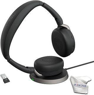 Jabra Evolve2 65 Flex MS Stereo Bluetooth Noise Cancelling Headset (Link380a) Wireless Charger Compatible with Mac PC,Smartphones and Tablets - with Microfiber Cloth and Global Teck Gold Support Plan