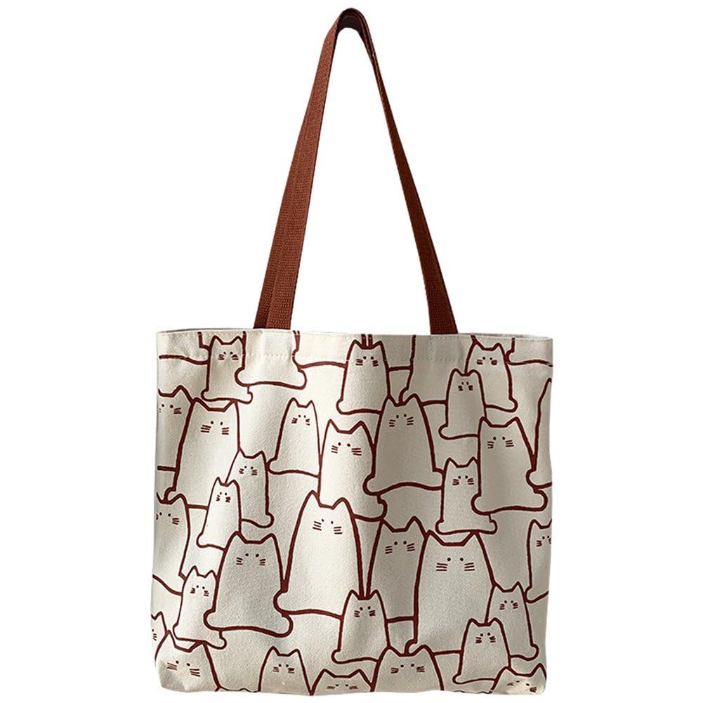 Fituenly Cat Tote Bag Canvas Reusable Cat Shopping Bag with Pocket for Women Girls Cats Lover
