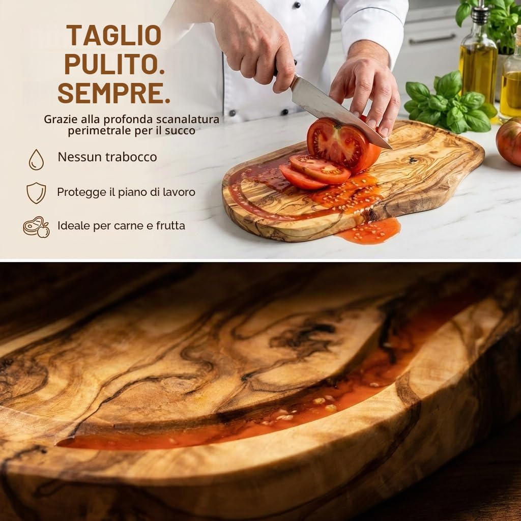 Tagliere personalizzato in legno d'ulivo – Tagliere in legno rustico con incisione e scanalatura circolare (40 – 44 cm)