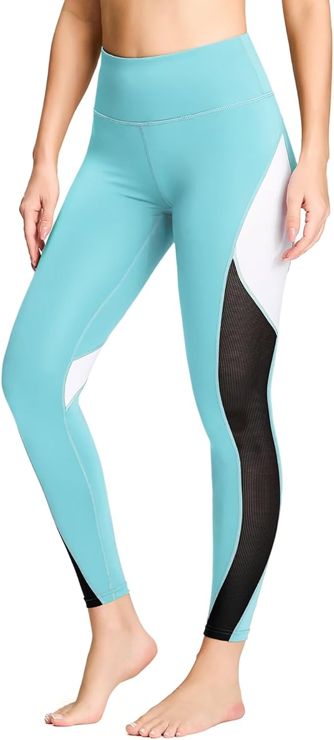 QUEENIEKE Women Yoga Pants Color Blocking Mesh Workout Running Leggings Tights