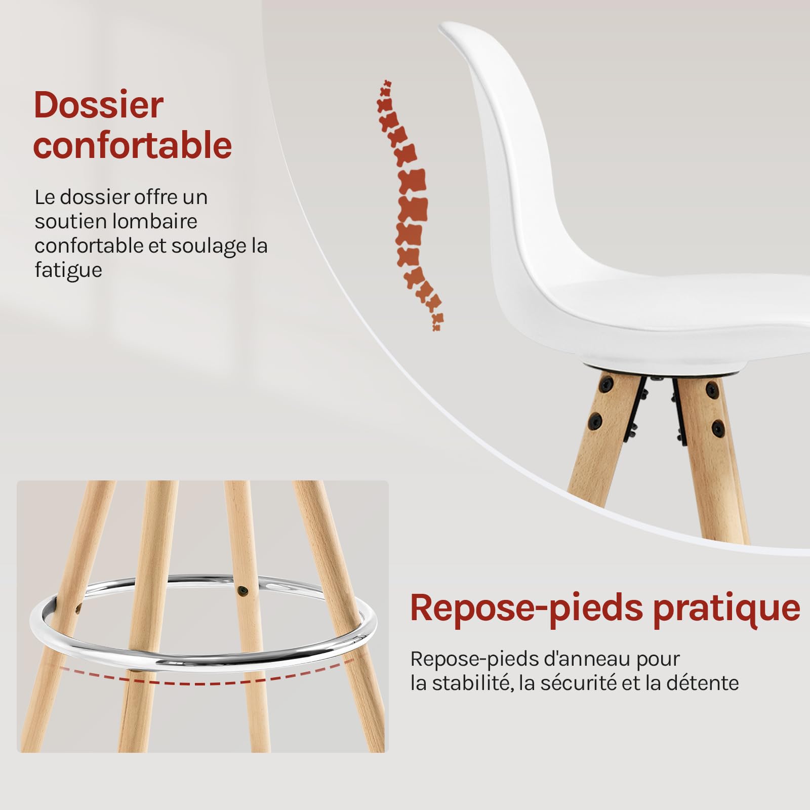 WOLTU Lot de 2 Tabourets de Bar en Similicuir, Tabouret de Cuisine avec Repose-Pied,Blanc BH45ws-2