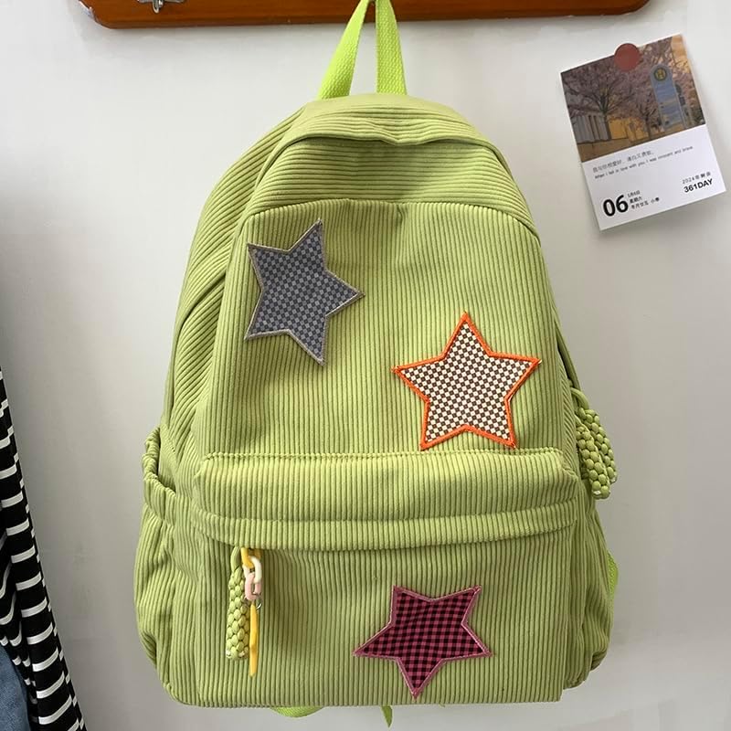 corduroy backpack with star pattern, trendy and versatile, fits 14'' laptop large capacity daily commute (green)