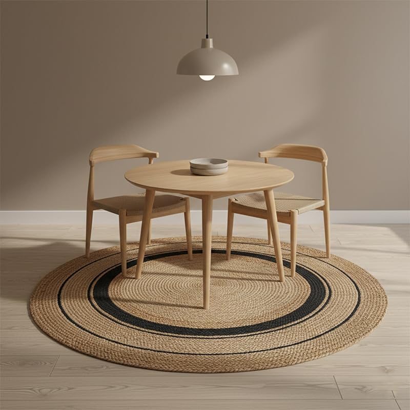 Image of Jute Round Carpet 3x3 feet - Handmade Braided Boho Rug for Living Room, Bedroom & Balcony - Soft Washable Floor Mat, Color - Beige Black