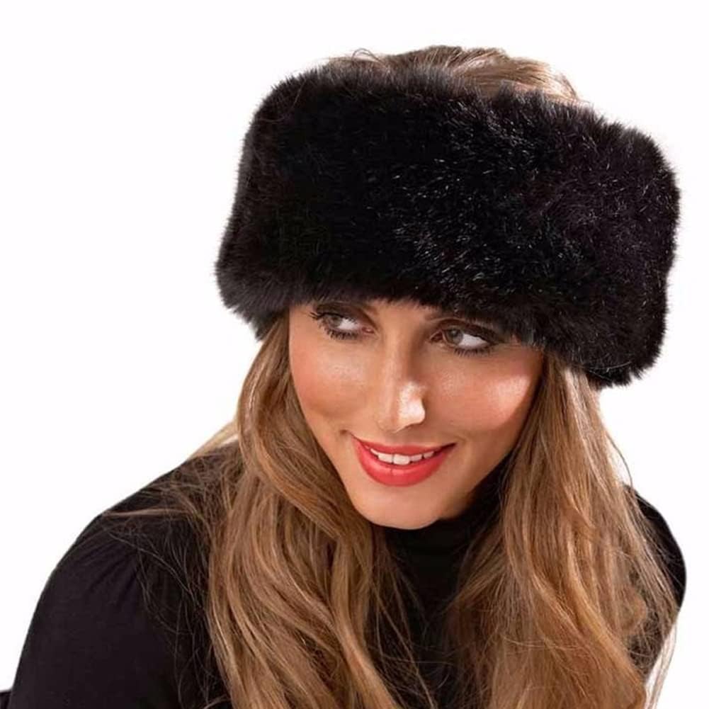Streamzio Faux Fur Headband - Faux Fur Headbands for Women, Winter Plush Cold Weather Headband Fur Head Wrap (Black)