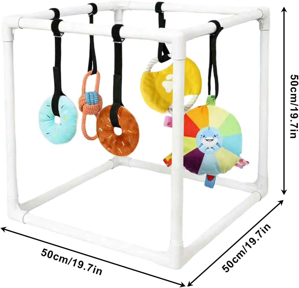 Dog Gym - 19.69x19.69x19.69 inches Assembly Frame Training Tool with 5 Toys,Interactive Puppy Toys,for Training Teething Calming Indoor Floor Play Boredom House