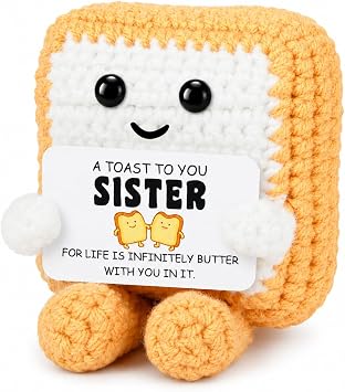 Funny Sister Gift Handmade Crochet Cute Knitted Toast Figurine with Sister Card, Small for Sisters, Desk Shelf Decor Keepsake, Christmas Stocking Stuffers from Bestie Friend