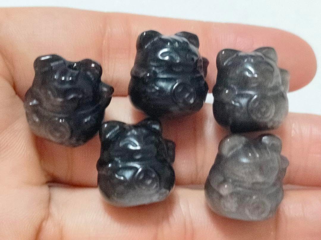 可愛い招き猫彫刻シルバーオブシディアンピーズ貫穴ハンドメイドC301 5個セット